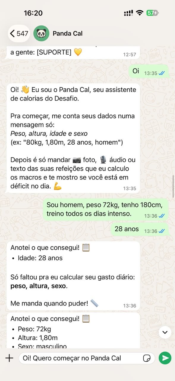 Panda Cal perguntando peso, altura, idade e sexo